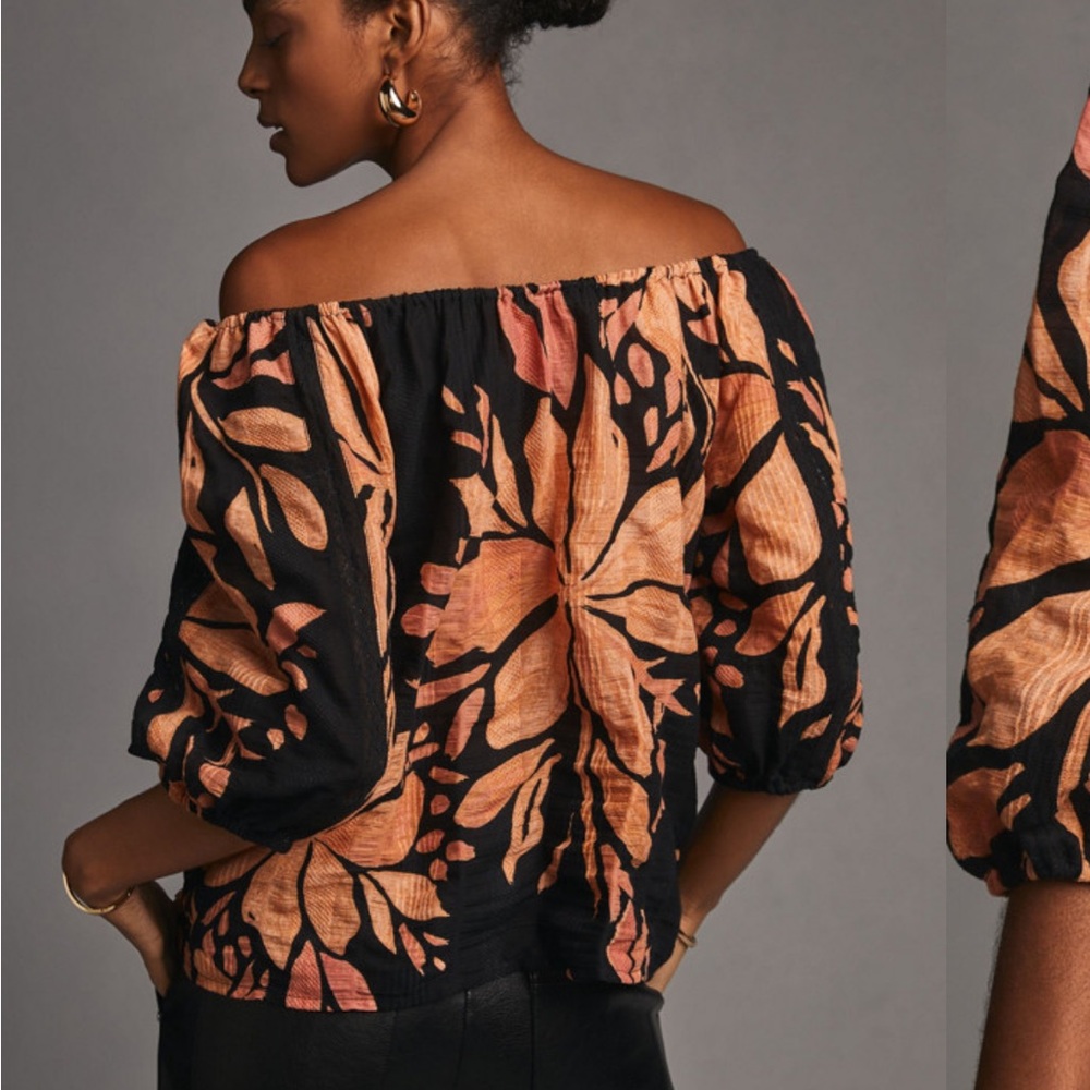 Anthropologie Orange and Black Relaxed Off The Shoulder Puffed Sleeve Blouse - Picture 2 of 11